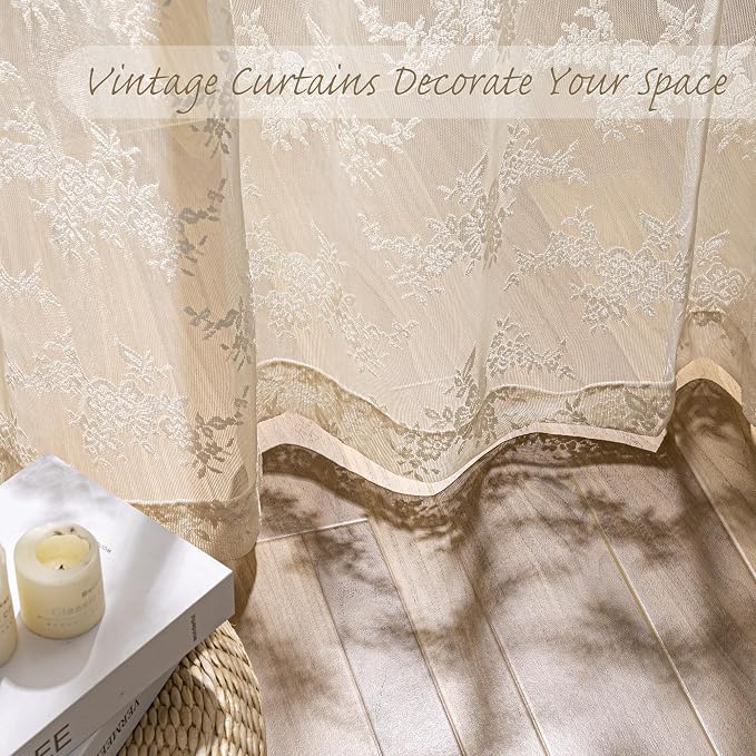 MEETSKY Beige Boho Lace Sheer Curtains 72 Inch Length 2 Panels Set Vintage Victorian French Floral for Bedroom Cabinet Light Filtering Cafe Farmhouse Style Rod Pocket Drapes, W50 Each Panel