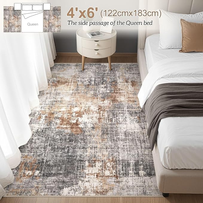 DMOYEST Area Rug Living Room Rugs - 4x6 Abstract Small Soft Indoor Washable Rug Neutral Modern Low Pile Carpet for Bedroom Dining Room Farmhouse Home Office - Grey Brown