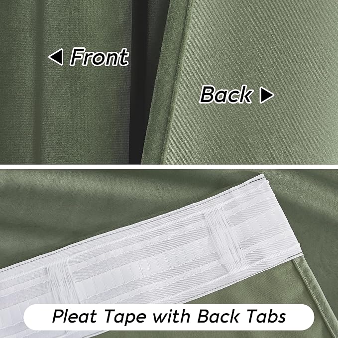 RYB HOME Sage Green Velvet Curtains with Hook Tape, Thermal Insulated Privacy Protect Decorative Drapes for Home Theater, W 62 x L 84 inches, 2 Panels Set