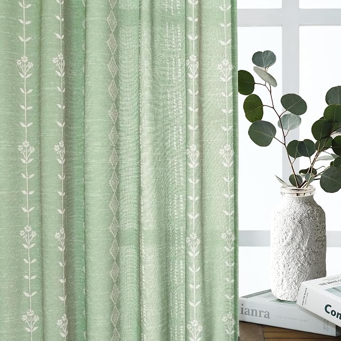 Light Green Floral Linen Spring Curtains for Living Room, 96 Inch Semi Sheer Boho Cottage Farmhouse Drapes for Bedroom Living Room, 50“ W x 96” L, 2 Panel Set