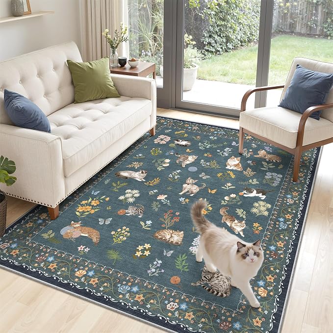 Soalmost Cat 3x5 Area Rugs for Entryway, Machine Washable Animal Floral Accent Rug Non-Slip Low Pile Soft Throw Rugs for Kitchen Bedside Living Room Bedroom Kids Room (3 x 5,Navy Blue)
