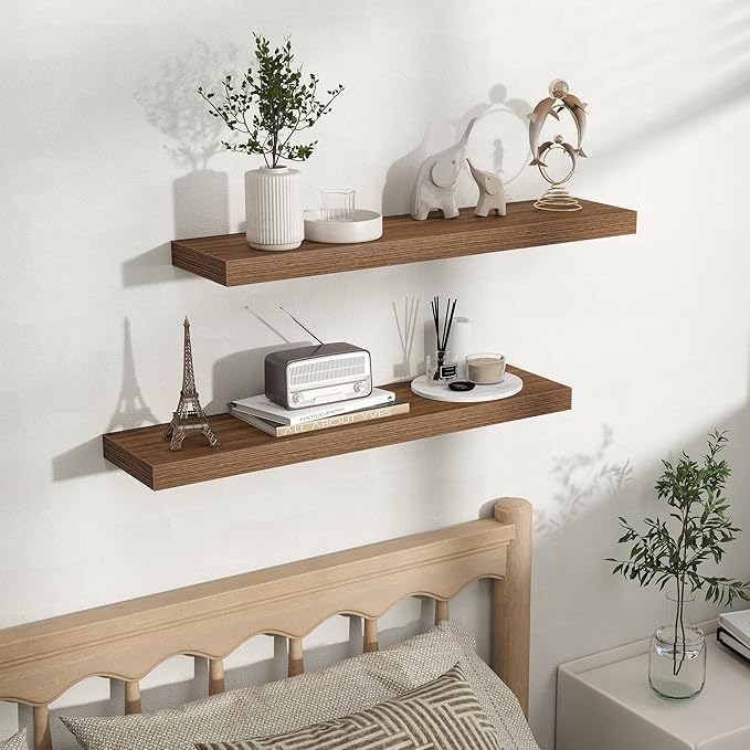Fun Memories Floating Shelves for Wall, 32 Inch Set of 2 Rustic Wood Wall Shelves with Invisible Brackets, Heavy Duty Storage Display for Living Room Bedroom Kitchen, Walnut