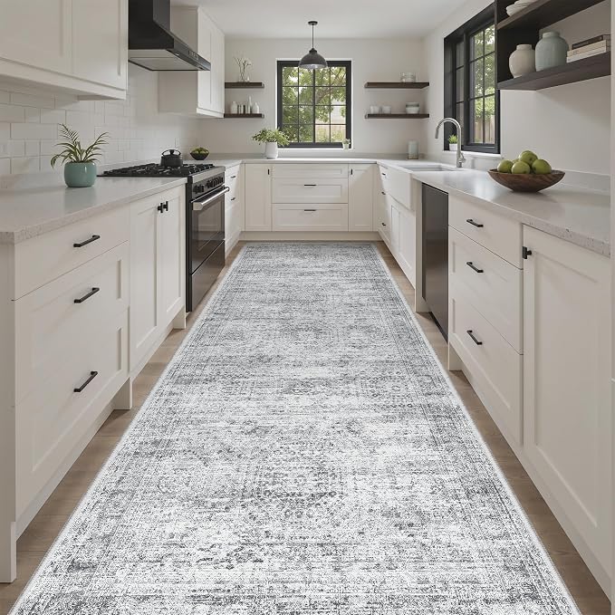 Soalmost 4x10 Wide Hallway Runner Rug: Washable Soft Rug Runners for Living Room Bedroom Ktichen, Stain Resistant Low Pile Area Rugs Non Slip Floor Carpet (Grey, 4x10)
