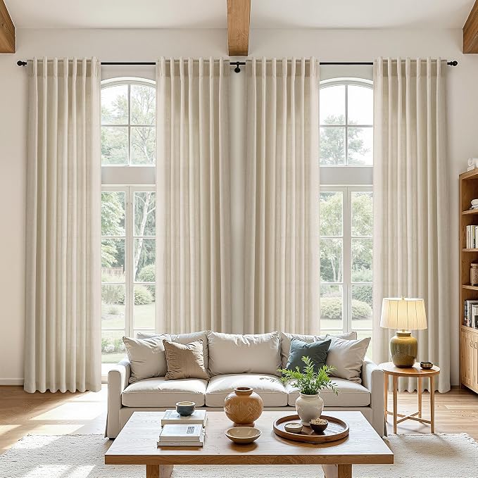 Aersas Eggshell Beige Linen Curtains 108 Inches Length for Living Room Flax Texture Wave Fabric Semi Sheer with Rod Pocket Back Tab for Bedroom Balcony Light Filtering Neutral Home Decor 52x108