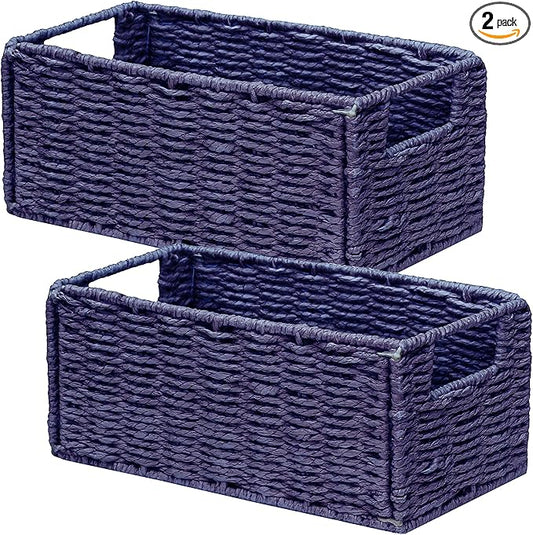 Vagusicc Wicker Storage Basket, Set of 2 Hand-Woven Paper Rope Wicker Basket, Small Storage Baskets for Organizing Toilet Paper, Foldable Small Cube Organizer Bins for Shelves (Purple)
