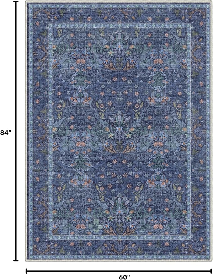 GENIMO 5x7 Washable Area Rugs for Living Room, Non Slip, Navy Slate | Vintage Boho Floral Low Pile Thin Carpet for Bedroom, Dining Room, Nursery, Indoor Decor