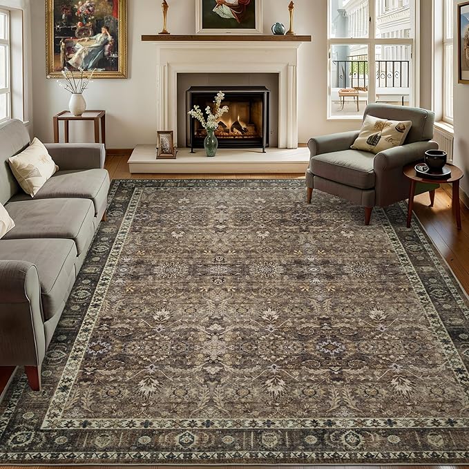 9x12 Vintage Washable Area Rug for Living Room,Non Slip Boho Carpet Non-Shedding Large Area Rug Soft Indoor Stain Resistant Rug Floral Print Mat for Bedroom Dining Room Brown Floral