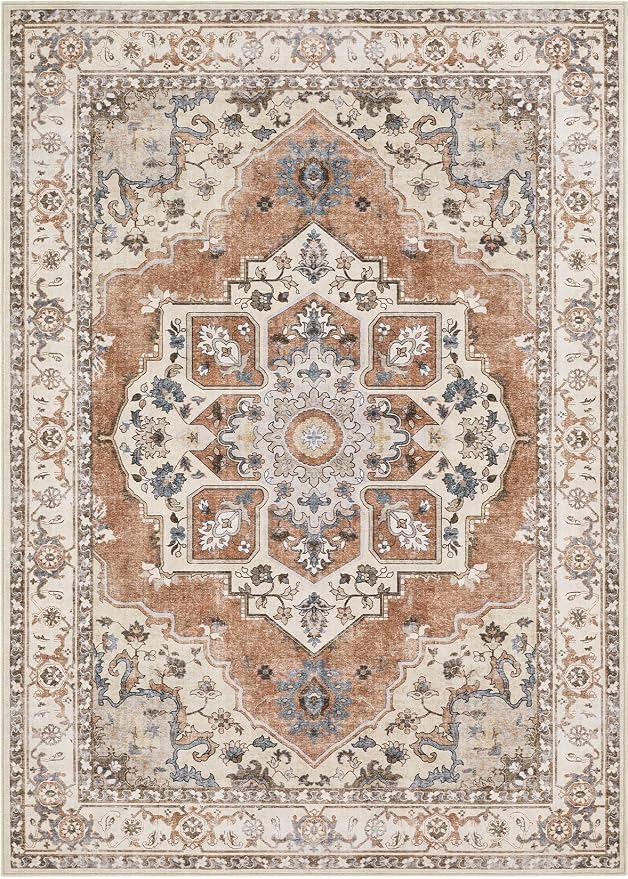 10x12 Washable Area Rug: Vintage Neutral Soft Non Slip Thin Large Floor Carpet for Living Room Bedroom Kitchen Dining Room Home Office Farmhouse Indoor - Brick Red
