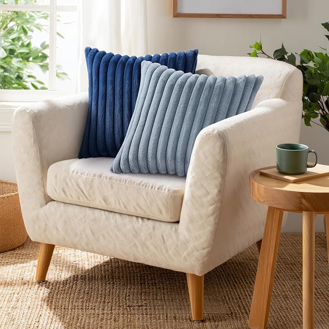 Pallene Faux Fur Plush Throw Pillow Covers 22x22 Set of 2, Luxury Soft Fluffy Striped Decorative Pillow Covers for Sofa, Couch, Living Room, Blue Grey