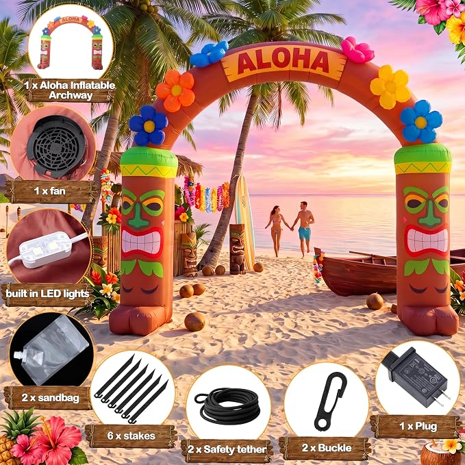 10 Ft Luau Hawaiian Inflatable Archway - LED Lighted Summer Decorations Aloha Tiki Blow Up Arch Party Decor for Summer Tropical Beach Pool Indoor Outdoor Lawn Garden Patio Yard