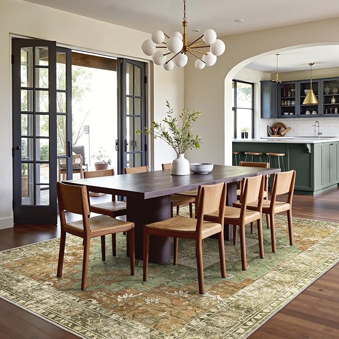 GENIMO 8x10 Area Rugs for Living Room, Machine Washable Rug, Non Slip Indoor Vintage Rug, Low Pile Lightweight Print Carpet for Bedroom Dining Room Home Office, Muted Green Brown