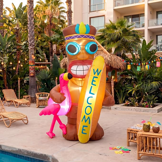 Shappy 5 FT Inflatable Tiki Flamingo Decoration with LED Lights, Hawaiian Luau Party Decor, Tropical Tiki Totem Blow Up for Summer Beach Party, Outdoor Yard Lawn Garden Decoration