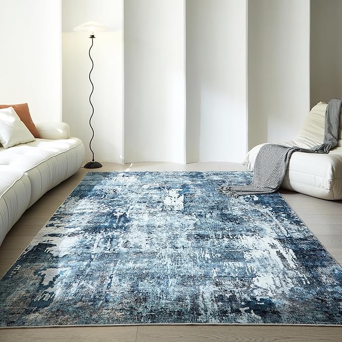 Rugcomf Area Rug 5x7 Washable Rug Boho Soft Abstract Pattern Non-Slip Non-Shedding Faux Wool Vintage for Living Room, Bedroom, Farmhouse, Dining Room, Indoor, Kids Playroom, Blue