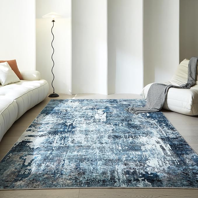 Rugcomf 6x9 Washable Bedroom Boho Rug - Soft, Non-Slip, Non-Shedding Faux Wool Vintage Pattern for Living Room, Farmhouse, Dining Room, Kids Playroom - Blue