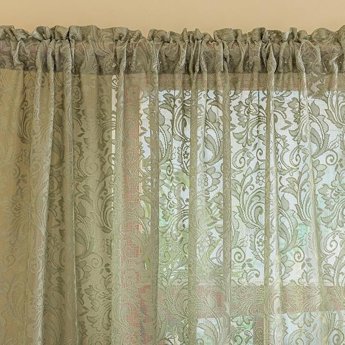 ALIGOGO Sage Green Sheer Curtains 72 Inches Long - Floral Boho Lace Curtains for Bedroom French Door Sliding Door, Vintage Privacy Scalloped Edges Easter Spring Summer Decor, 52 x 72 Inch, Light Green