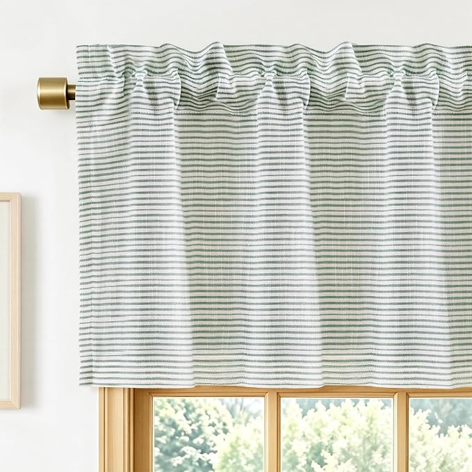 DriftAway Blackout Ticking Striped Curtain Valance 18 Inches Loden Green | Double Layer Farmhouse Country Rustic Stripe Yarn Dyed Woven Thermal Insulated Rod Pocket Valance for Living Room