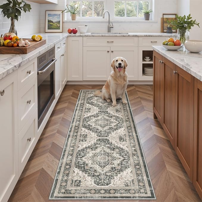Roxstand Washable 2x6 Hallway Runner Rug, Black/Beige | Low-Pile Carpet, Non-slip Backing,6ft Runner, Stain Resistant, Runner for Kitchen, Laundry Room, Entryway, Vintage Design