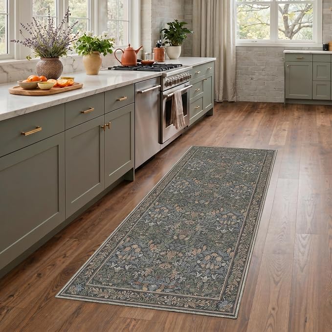 GENIMO 8x10 Washable Rug for Living Room, Non Slip, Charcoal Sage Green | Vintage Boho Floral Low Pile Thin Carpet for Bedroom, Dining Room, Nursery, Indoor Decor