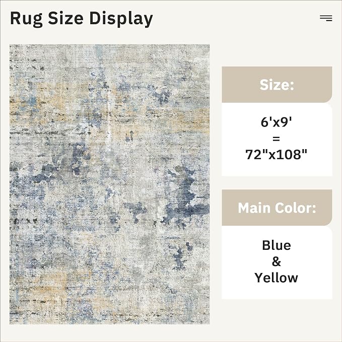 Soalmost 6x9 Abstract Area Rugs for Living Room 6 x 9 Washable Non Slip Low Pile Gray Rugs for Bedroom Dining Room Foldable Thin Blue Yellow