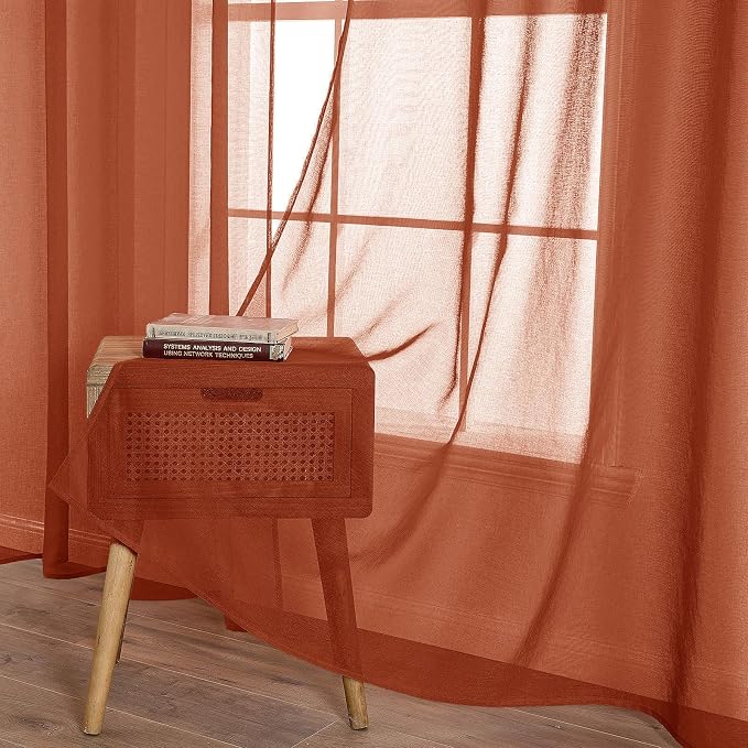 MIULEE 2 Panels Terracotta Semi Sheer Window Curtains Elegant Grommet Top Window Voile Drapes/Treatment Linen Textured Panels for Bedroom Living Room Rust Boho Retro Fall Decor (54X63 Inches)