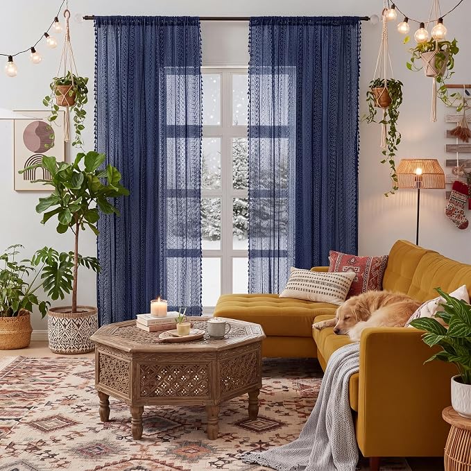 WAZZIO Boho Lace Curtains 84 Inches 2 Panel,Light Filtering Privacy Tassel & Geometry Crochet Semi Sheer Curtain Drapes for Bedroom Living Dining Room,Rod Pocket & Tassel,Navy Blue