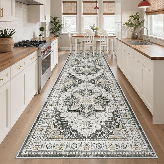 Madane Hallway Runner Rug 3x12 Washable Kitchen Runners 12ft, Black | Vintage Non Slip Area Rugs for Hallways, Soft Low-Pile Thin Farmhouse Wide Floor Carpet for Entryway Foyer Bathroom Bedroom