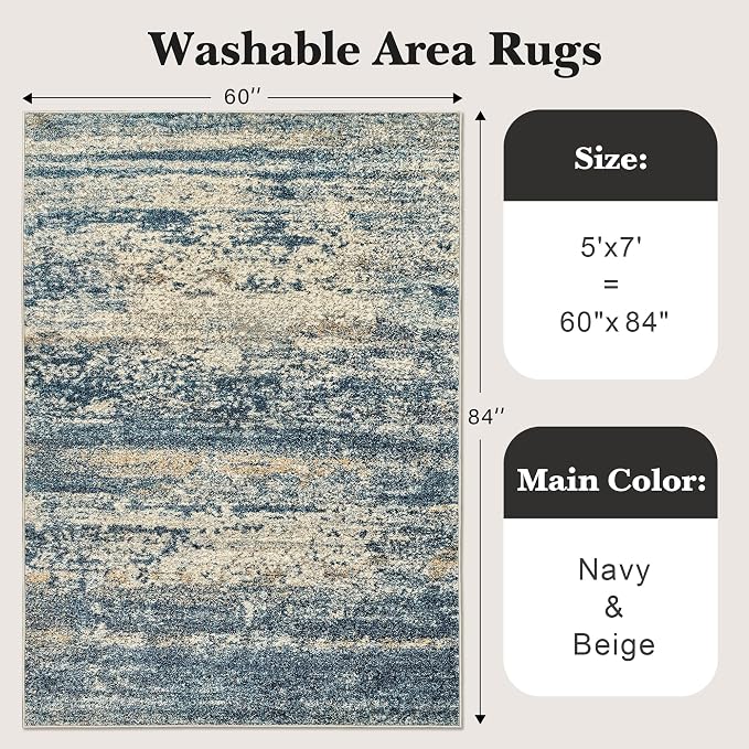 Art&Tuft Washable Rugs 5x7, Anti-Slip Backing Abstract Area Rug 5x7, Stain Resistant Rugs for Living Room, Foldable Machine Washable Area Rug (5'x7', Navy)