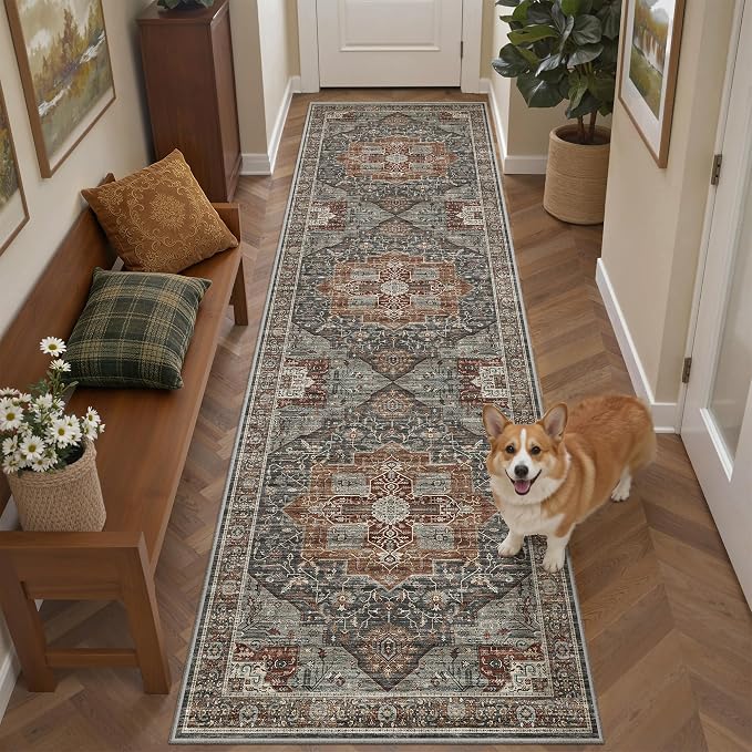 Roxstand Washable 2.6x8 Hallway Runner Rug, Grey/Brown/Tan | Low-Pile Carpet, Non-slip Backing,8ft Runner, Stain Resistant, Runner for Kitchen, Laundry Room, Entryway, Vintage Design