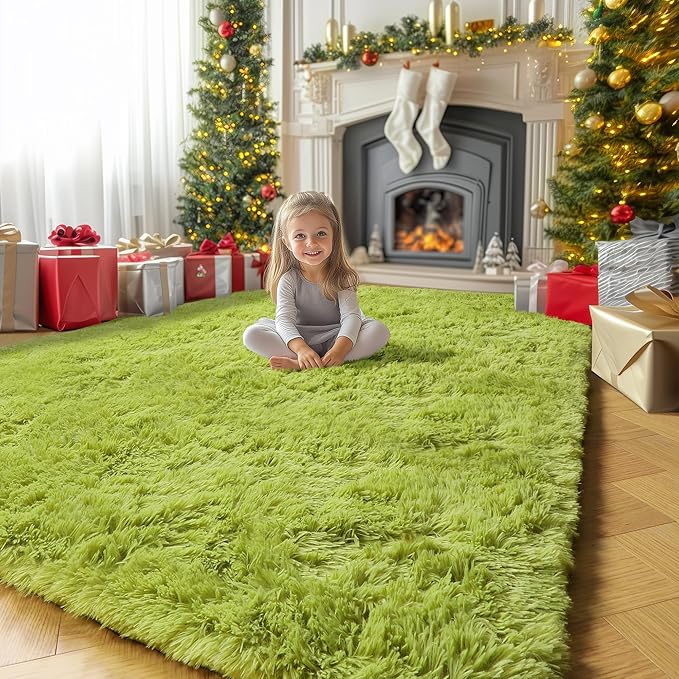 Grass Green Area Rugs for Bedroom, Fluffy Shag Plush Rug 5x7 for Kids Room Living Room Baby Nursery Decor Aesthetic, Cute Fuzzy Floor Furry Cool Shaggy Fuzzy Moss Carpet for Dorm Classroom Playroom