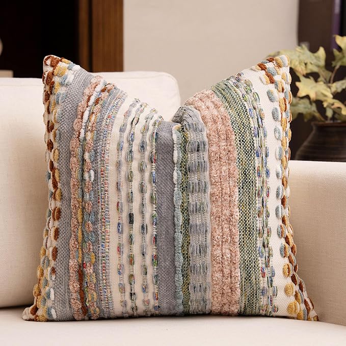 Boho Chenille Tufted Throw Pillow Covers 18x18 Inch Set of 2 Farmhouse Colorful Woven Striped Decorative Pillowcases for Couch Sofa Bed