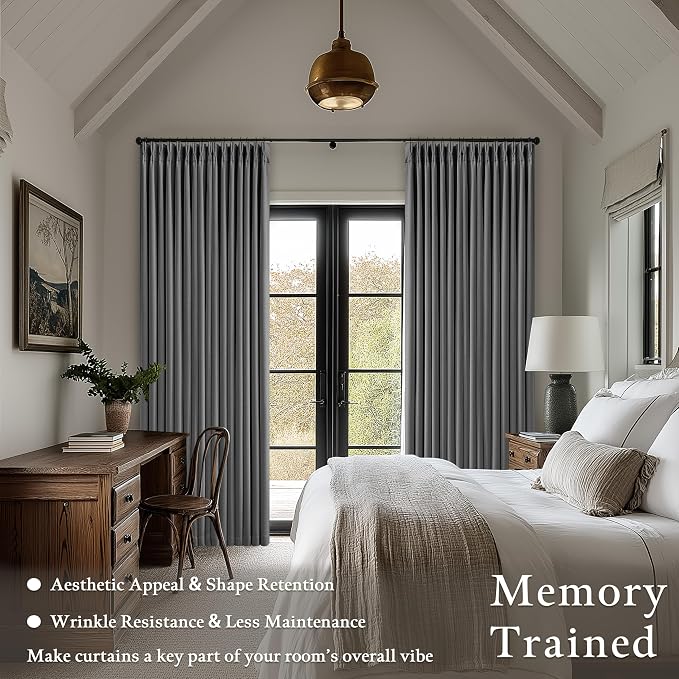 Dark Gray Linen Blackout Pleated 86 Inch Curtains for Living Room Darkening Pinch Pleat 100% Black Out Drapes Thermal Insulated Soundproof Charcoal Grey 86 Inch Curtain for Dining Bedroom