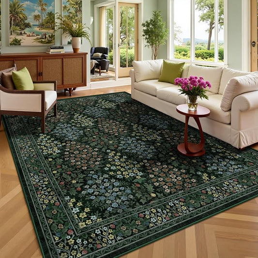 5x7 Area Rugs, Vintage Washable Rug for Bedroom, Indoor Non-Slip Rugs for Living Room, Dining Room, Low Pile Floral Rug(Dark Green Floral)