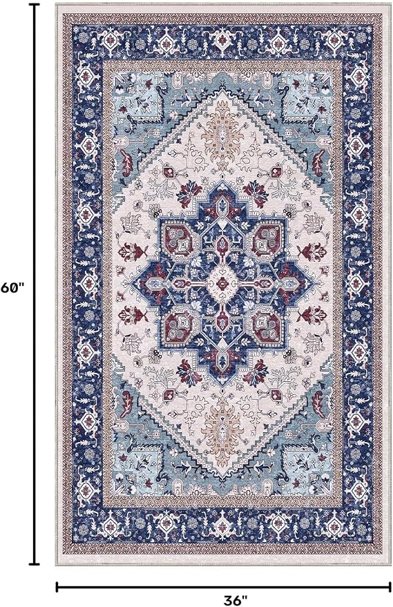 OPPODREAM Soft Area Rugs 3x5, Washable Rugs with Non Slip Backing, Low-Pile Throw 3x5 Carpet, Faux Cashmere 3 x 5 Carpet, Navy Blue & Red & Cream