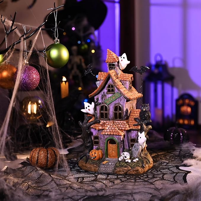 Valery Madelyn Halloween Decorations, Lighted Halloween Village Houses with LED Lights, Resin Spooky Town Happy Haunted House for Home and Party Table Desk Mantel, 9 Inch