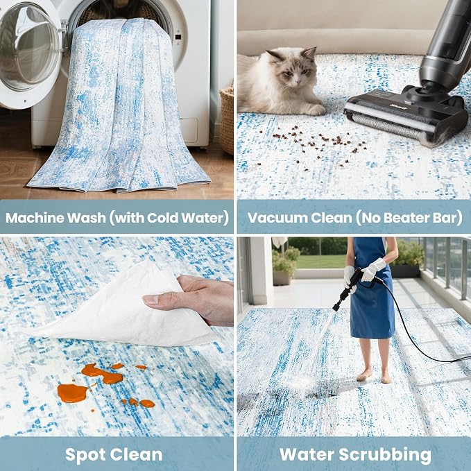 10x14 Area Rugs Washable Rug: Anti-Skid Abstract Modern Living Room Rug Soft Thin Carpets Indoor Floor Non-Shedding Carpet for Bedroom Dining Nursery Home Office (Light Blue/White/Beige,10'x14')