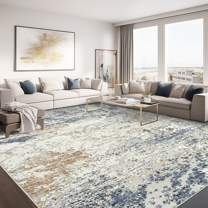 Art&Tuft 9x12 Area Rug, Anti-Slip Backing Abstract Washable Area Rugs 9x12 Living Room, Stain Resistant Rugs for Living Room, Foldable Machine Washable Rug (9'x12', Blue)