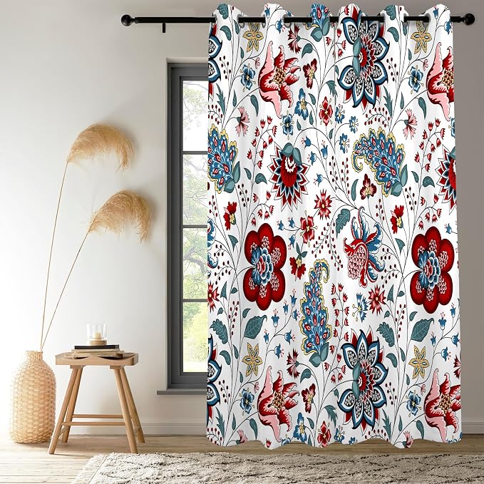 Renaiss Boho Floral Blackout Curtains, Bohemian Flower Plant Print Thermal Insulated Bedroom Window Curtains, Botanical Art Window Curtains for Kitchen, 55" L x 29" W 2 Panel Set