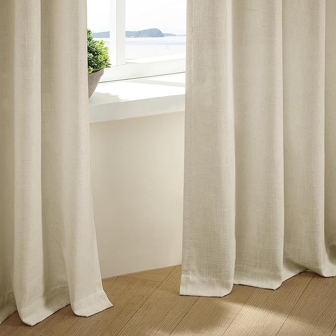 TWODRAPES Linen Flax Curtains Pinch Pleated Linen Curtains 2 Panels Living Room Bedroom Memory Training Semi Sheer Pinch Pleat Farmhouse Beige Drapes Back Tab Light Filtering Window Curtain 40x102