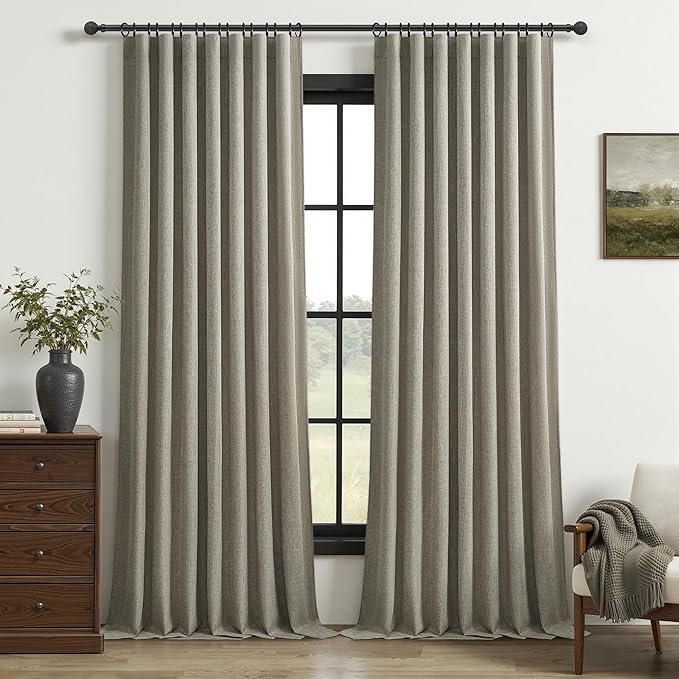 Grey Green Blackout Linen Curtains 96 Inches Long for Living Room/Bedroom, Pleated Window Track Heavy Curtain for winter with Pin Hooks Boho Dark Green Drapes Thermal Insulated (50"Wx96"Lx2Panels)