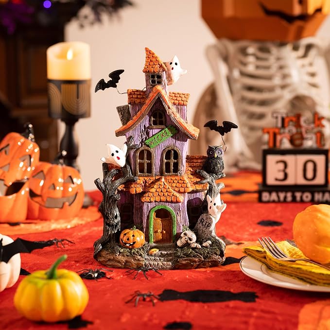 Valery Madelyn Halloween Decorations, Lighted Halloween Village Houses with LED Lights, Resin Spooky Town Happy Haunted House for Home and Party Table Desk Mantel, 12 Inch