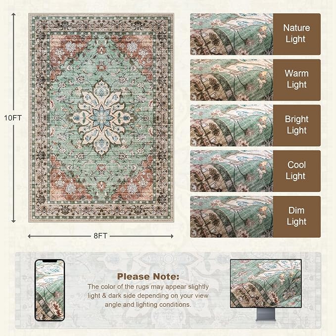 8x10 Area Rugs for Living Room: Washable Rug Soft Vintage Distressed Floral Carpet Indoor Floor Non-Slip Stain Resistant Large Carpets for Bedroom Dining Room Farmhouse Nursery Home Office Brown Green