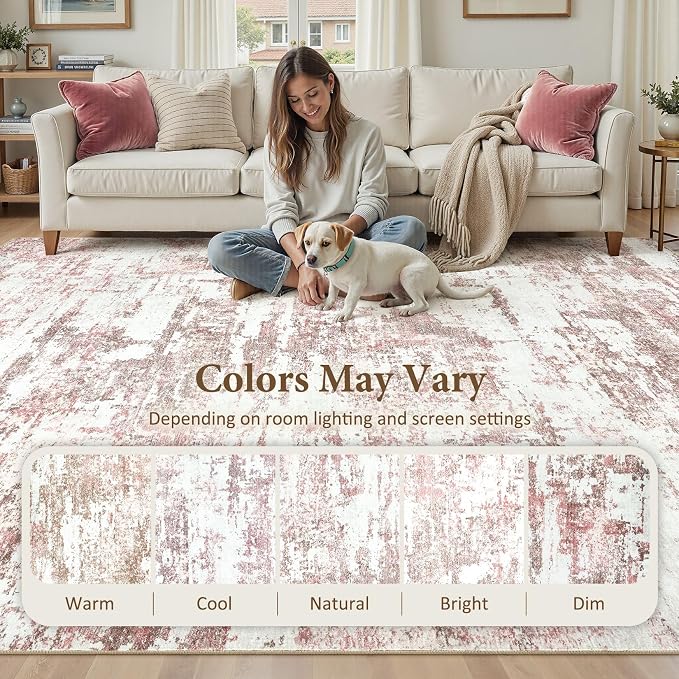 Area Rugs 5x8 Living Room: Washable Large Abstract Modern Neutral Soft Rug Stain Resistant Non-Slip Backing Carpet for Bedroom Dining Room Indoor Nursery Dorm Home Office Decor - Pink