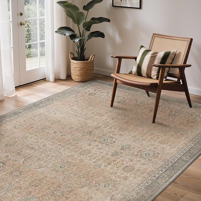 GENIMO 8x10 Area Rugs for Living Room, Machine Washable Non Slip Vintage Rugs, Low Pile Lightweight Chenille Print Rug for Bedroom, Dining Room, Home Office, Oatmeal Beige