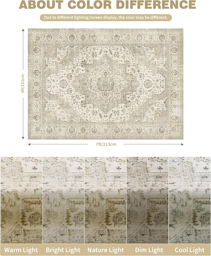 Roxstand 5x7 Washable Area Rugs for Living Room, Ivory/Beige | Non-slip Backing, Low-Pile Carpet, Stain Resistant,Rugs for Living Room,Bedroom, Dining Room, Office