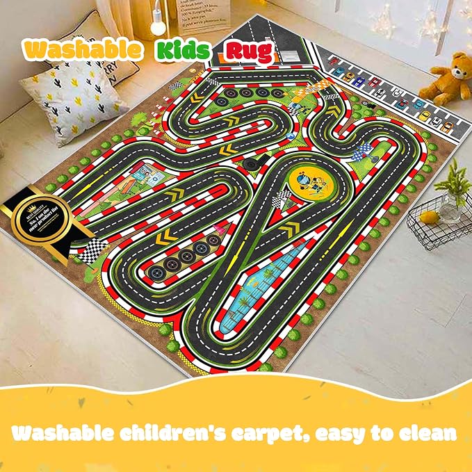 Kids Racing Rug 31''X47'' Car Road Kid Rug Carpet Playmat for Playoom Traffic Road Kid Play Mat for Bedroom，Kids Educational City Traffic Road map Fun Carpet (Brown)