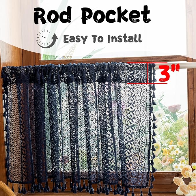 Sutuo Home Boho Lace Sheer Short Curtains Valance 2 Panels for Kitchen Window Curtains Over Sink, Closet Crochet Privacy Farmhouse Vintage Chic Handmade Tassels Rod Pocket, 50" W x 36" L Navy Blue