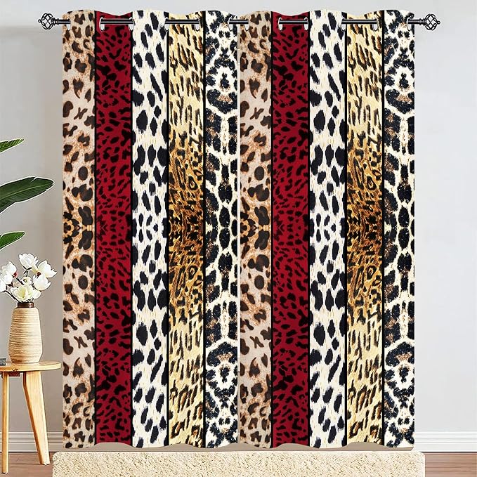 Wild Animal Print Curtain, Room Darkening Thermal Insulated Blackout Leopard Boa Window Drapes with Grommets for Living, Dining, Bedroom, Red Leopard Print, 52"x 90", 2 Panels