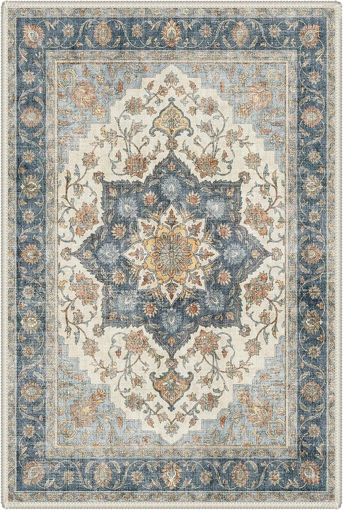 GENIMO Area Rug 2x3 Doormat, Machine Washable Low Pile Rugs, Small Retro Entryway Mat for Entrance, Hallway, Kitchen and Corridor, Vintage Blue Medallion