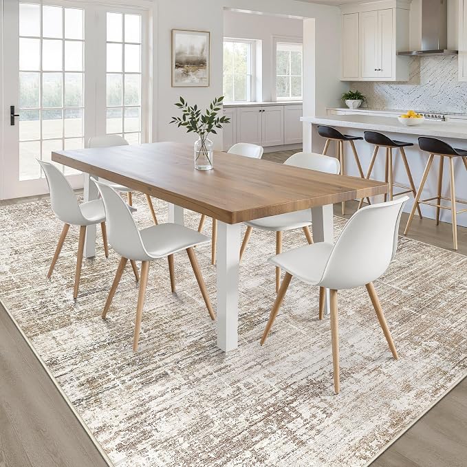 6x8 Area Rug Living Room: Washable Large Neutral Rug Abstract Soft Modern Stain Resistant Indoor Floor Non-Slip Carpet for Bedroom Nursery Kids Office Playroom Dining Room Under Table- Dark Brown