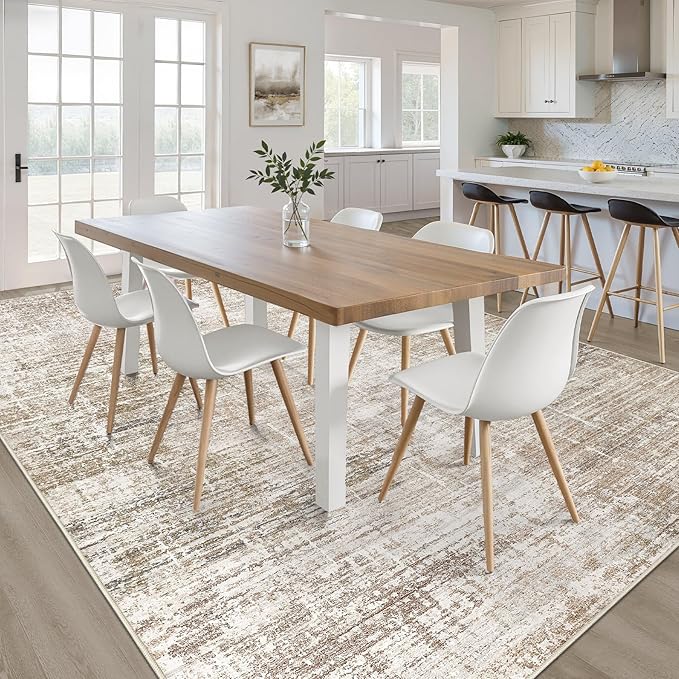 7x10 Area Rug Living Room: Washable Large Neutral Rug Abstract Soft Modern Stain Resistant Indoor Floor Non-Slip Carpet for Bedroom Nursery Kids Office Playroom Dining Room Under Table- Dark Brown